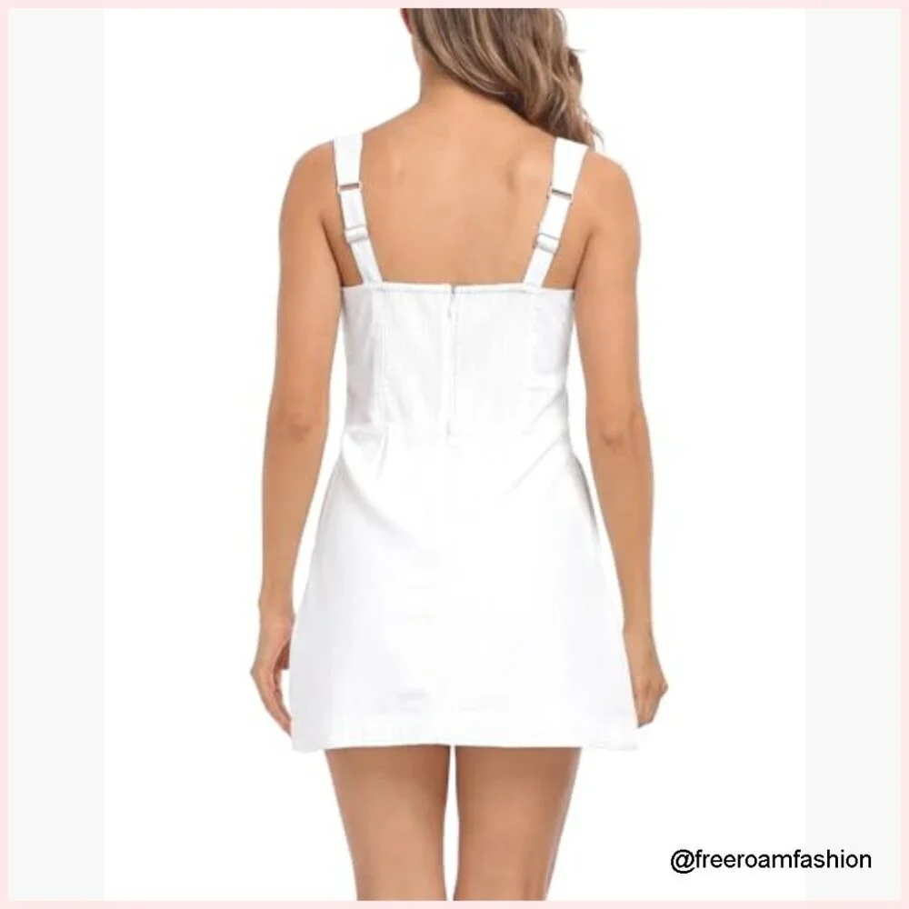 Linen Blend Mini Dress with Pockets Adjustable Straps Sleeveless Summer